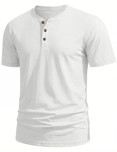 TACVASEN Mens Cotton T Shirts Classic Button Crew Neck Grandad Tops Breathable Moisture Wicking Summer Shirts for Men UK White XL