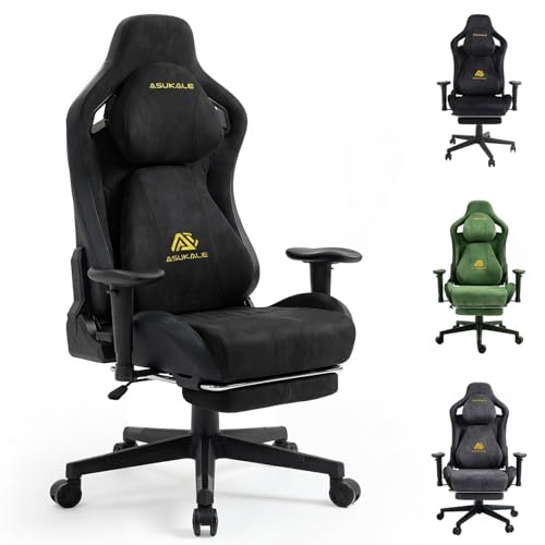 Asukale Gaming Stuhl | Ergonomischer Bürostuhl mit Fußstütze, Kopfstütze, 90-155° Rückenlehne, Wildlederimitat