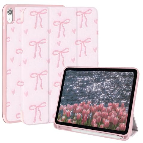 Rvciby iPad 10.9 Inch Case for iPad (A16) 11/10th Generation 2025/2022,Pink cute case with Pencil Holder,Tri-fold Stand Protective Cover w/Auto Sleep Wake for iPad Case 10.9 Inch,Simple Love Bow