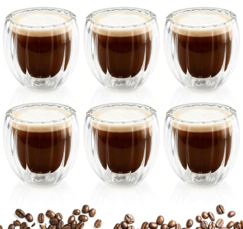 Mezzar Tasse Expresso Double Paroi, Set de 6 Tasses à Café Latte 80ML, Tasse à Double Paroi Verre Transparent pour Verre a Cafe Latte Cappuccino Whisky et Eau (Stries verticales)