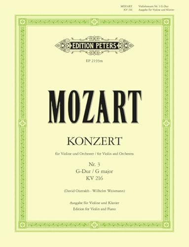 Violinkonzert Nr.3 G-Dur KV 216, Klavierauszug: Violine und Klavier. Neuausgabe Urtext. (D. Oistrach) (Edition Peters)