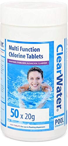 Clearwater 1 kg Multifunction Chlorine Tablets, 4-in-1 Dispenser Tablets (Sanitiser, Stabiliser, Algaecide and Clarifier) for Pools and Hot Tubs, 50 x 20 g, White