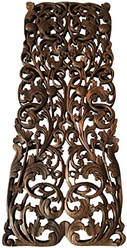 Coastal Tropical Wall Decor Panel. Wood Carved Floral Wall Art in Dark Brown Finish, Size 35.5 x13.5x1