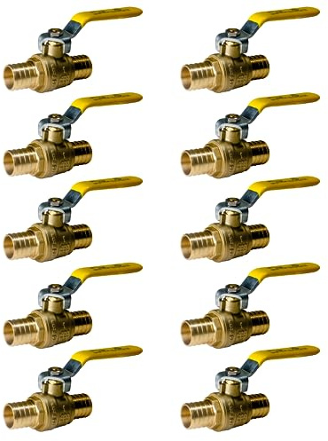 XFITTING 10 Pack Pex Barb 1 Inch Ball Valve, Yellow Handle, Full Port Pex Ball Valve, Brass