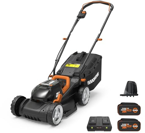 Worx Tosaerba a batteria da 40 V, 35,6 cm, per piccoli cortili, tosaerba a batteria 2 in 1, taglia silenziosamente, compatto e leggero, con regolazione in altezza in 6 posizioni, WG779, 2 batterie e