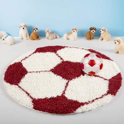Teppium Kinderteppich Hochflor 100 cm Rund Rot - Fussball Teppich für Jungen und Mädchen, Extra Weich, Flauschig und 30 mm Florhöhe - Runder Teppiche fürs Kinderzimmer, Babyzimmer und Spielzimmer