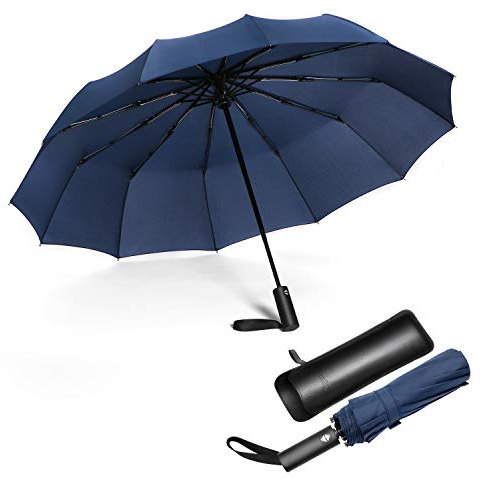 JIGUOOR Windproof Strong Umbrella - Compact, Light, Automatic, Portable - Wind Resistant, Folding Backpack Auto Open/Close 12 Ribs Umbrella for Rain - Men and Women (Navy Blue)