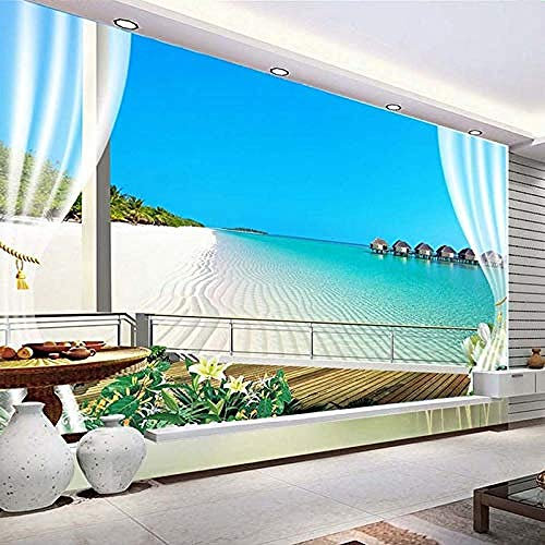 Papier peint avec des peintures murales Maldives Fenêtre stéréoscopique Balcon Plage Vue sur l'océan Toile de fond Papier peint Papier peint non tiss papier peint 3d foot gris noir poste-350cm×256cm