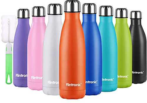 flintronic Botella Termica, 500ML Botella de Agua de Acero Inoxidable, Aislamiento de Vacío de Doble Pared, Botellas de Frío/Caliente Sin BPA & Eco Friendly, con 1 Portavasos y 1 Cepillo