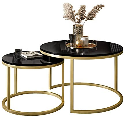 lukmebel Couchtisch rund - CIRI 2in1 - Beistelltisch rund - Kaffetisch - Industrial Deko - Deko Wohnzimmer - Kleiner Beistelltisch - Sofatisch - Kleiner Tisch - Gold Matt, Schwarz Hochglanz