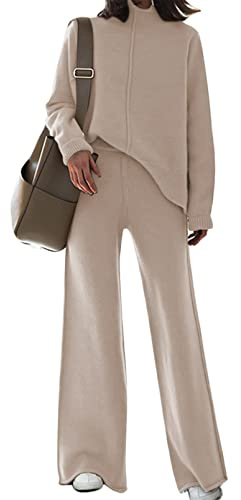 AOHITE Damen 2-teiliges Outfit-Set, langärmelig, Strickpullover, Oberteil und Hose mit weitem Bein, Sweatsuit, Aprikose, L