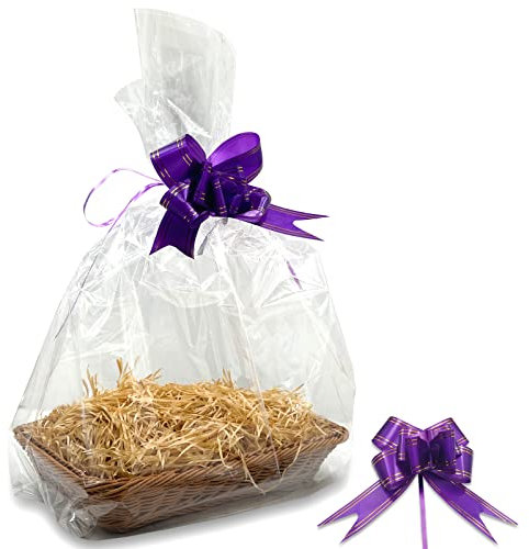35 x 25 CM Hamper Basket Kit for Gifts, 1 Piece Basket, 1 Pack Ribbons for Gift Wrapping, 2 PCS Cellophane Bags and 1 Pack Shredded Paper for Party, Festival and Celebration