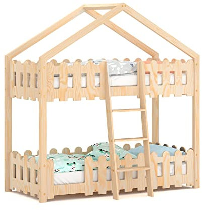 WNM Group Kinderbett 140x70 cm aus Natur Holz - NIKO Etagenbett mit Sicherheitbarrieren - Massivholz Sicher Hausbett - Etagenbett für Jungen