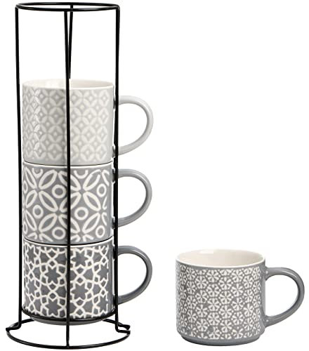 Hiceeden Set of 4 Coffee Mugs with Metal Stand, 15 oz Stackable Espresso Cups Ceramic Coffee Mugs for Cocoa, Latte, Americano, Cappuccinos or Beverages