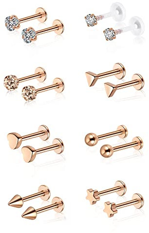 PiercingJak 16G Labret Piercing Rosegold Chirurgenstahl Lippenpiercing Monroe Helix Tragus Ohr Knorpel Stud Ohrringe 8mm Punk Zirkonia Herz Stern Schmuck Unisex, 8 Paar