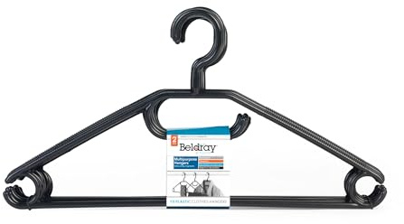 Beldray COMBO-4579 20 Pack Clothes Hangers, Black Plastic Multipurpose Garment Holders, Space Saving Storage/Organisation, Unisex Adult, Includes Trouser Bar and Hooks, Extra Holder for Ties/Scarves
