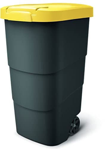 Wheeler Poubelle à roulettes 110 l avec roues et couvercle Grande litière universelle en plastique pour tri extérieur Noir et jaune