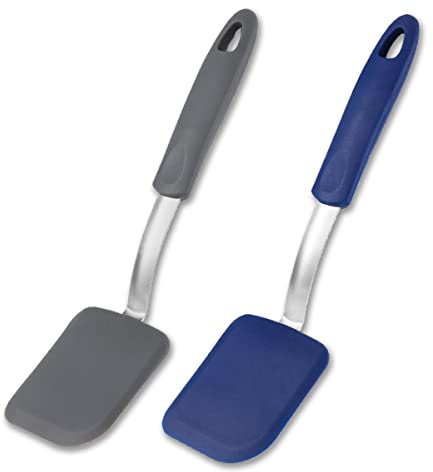 Silicone Cookie Spatula Turner, 2Pcs Silicone Spatula Nonstick Mini Brownie Spatula Heat-Resistant for Flip Egg in Small Frying Pan Cookie Batter Cookware Cooking Baking (2pcs blue gery)