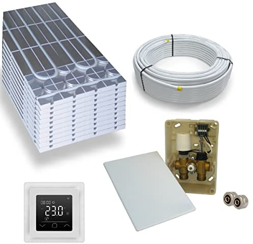 Warmwasser Trockenestrich Fußbodenheizung HoWaTech DRY Komplett Set 5/10m² Dämmplatte 30mm EPS WLG 035 DEO und E-Regelbox WLAN Touch weiß, Heizfläche:5.00m²