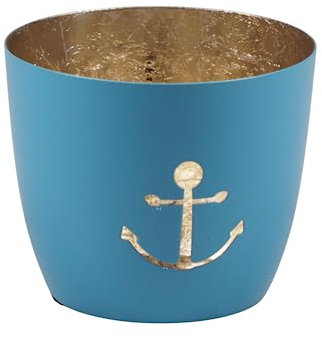 Seaside No.64 - Maritime Windlichter Baltic aus Metall mit ausgestanzten Motiven - Verschiedene Farbkombinationen für Teelichter & Stumpenkerzen in Haus und Garten (Anker - hellblau, Gold)