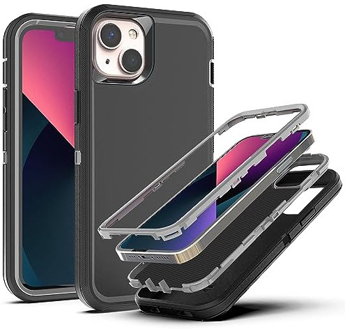 YmhxcY iPhone 13/14 Case - Shockproof, Drop Proof, Dust-Proof, Heavy Duty Protection - 3-Layer Durable - Black/Grey
