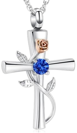 Cross Urn Necklace for Ashes Birthstone Rose Flower Cremation Jewelry for Women Gilrs Keepsake Memorial Ashes Pendant