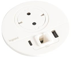 Legrand, Incara Disq 80 654714 Prise de charge USB A+C, sortie de câble pour câble réseau, prise de table, multiple, 15 W, câble de 2 m, 2 fiches P+E, couleur : blanc ultra