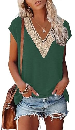 PLOKNRD Camiseta de Encaje Femenino con Cuello V Elegante Blusa de Manga Corta en Verano Camiseta Relajada Blusa de Playa(Verde Oscuro,XXL)