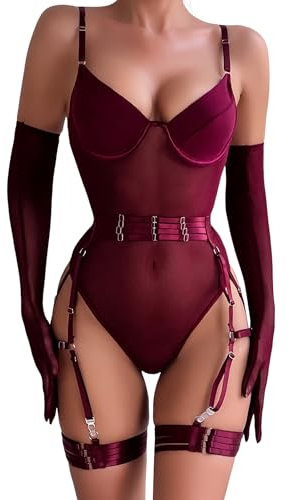EVELIFE Women's Sexy Bodysuit Teddy Lingerie Stretchy Mesh with Removeable Garter Belt, Elegant Gloves & Thigh Straps 3PCS Set(Wine Red L)