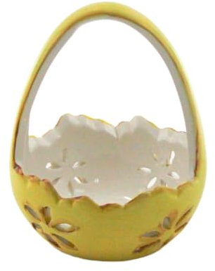 Keramik Körbchen mit Henkel - Osternest - Naschschale, Dekokorb mit Blumendesign, in gelb, Größe L/B/H: ca. 8 x 8 x 10 cm