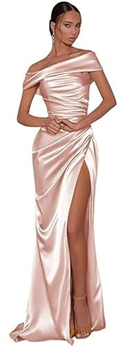 SWEMILE Robe en Satin Col Carmen Fendues Latériales Épaules dénudées Cocktail Soirée Robe de Gala de Club Promo Robe Plissée Robe Rose Pâle Taille 42