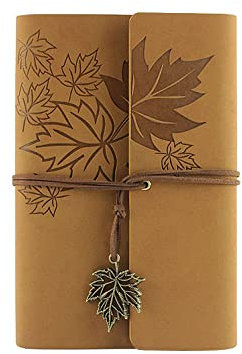 A6 Nachfüllbar Tagebuch Notizbuch, Vintage PU Leder Reisetagebuch Journal Skizzenbuch Ringbuch mit Blanko Kraftpapier und Ahorn Anhänger [Khaki]