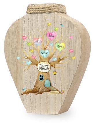 Personalisierte Vase Deko Holzvase Deko Mit Individueller Gravur Wohnaccessoire Für Blumenvase Geschenk zum Muttertag Geburtstag Für Mama Zuhause (4 Namen)