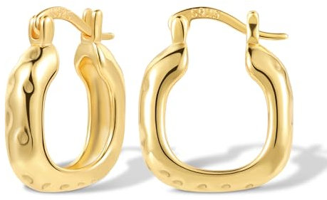 Eckig Ohrringe God Creolen, Damen 14K Vergoldet Ohrringe Hammer Sterling Silber 925 Creolen Eckig Kleine Knorpel Huggie Creolen Dick Klobige Breit Chunky Ohrringe Quadrat Eckig Creolen God Damen