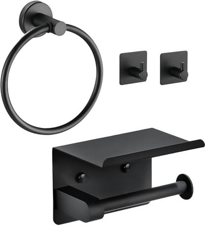 Matte Black Toilet Roll Holder with Phone Shelf, Wall Mounted Toilet Paper Holder, Towel Ring, 2 Pack of Self Adhesive Hooks, 4 Pieces Classic Stainless Steel Bathroom Accessories
