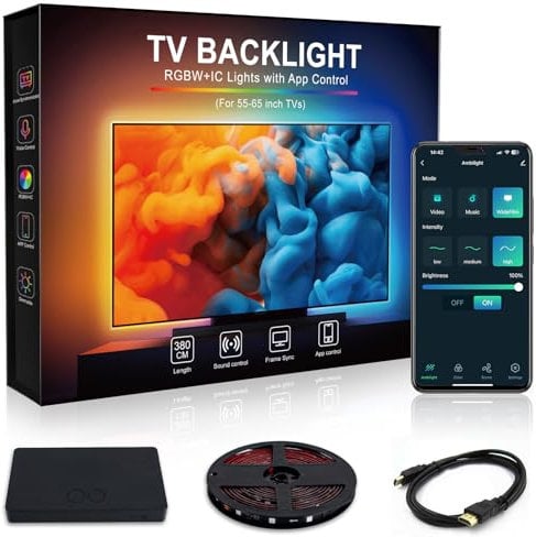 Beaeet Ambilight TV Kit Ruban LED 3,8 M HDMI Sync RGBICW, LED Chambre & TV Synchronisation Image 4K, Contrôle App/Voix, Pour Écran 55–65, Boîtier TV Requis (non inclus)