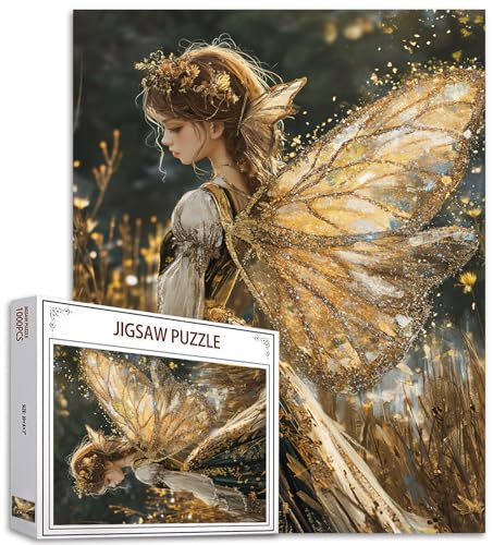 Tucocoo Golden Wings Girl Jigsaw Puzzle 1000 Teile Puzzles für Erwachsene, Gothic Fairy Angel Kunst Puzzles für anspruchsvolle Familienaktivitätsspiele 68,6 x 50,8 cm DIY Puzzle für Heimdekoration