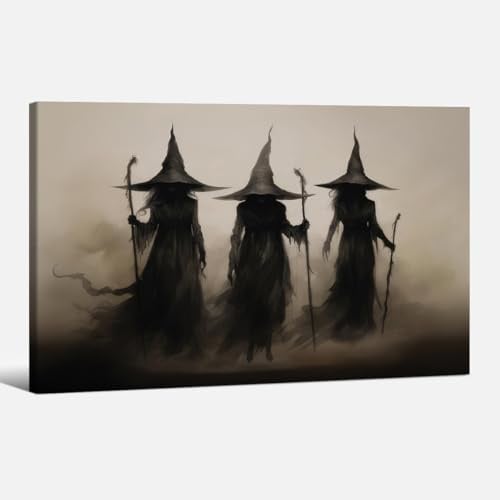 WBSTGUE Wandkunst, gruselige Hexe, stimmungsvolle dunkle Gothic-Poster, Halloween, Vintage-Raumdekoration, ästhetische drei Hexen, die Zauberstäbe halten, 61 x 91,4 cm, gerahmt, rustikale