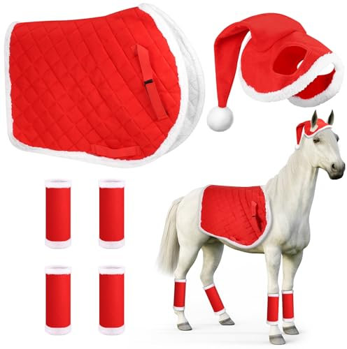 homdat 6 Stück Weihnachts-Schabracken, Weihnachtsmann-Beinwickel mit Kunstfellbesatz, Santa Red Horse Hut, Pferde-Kostüm, Weihnachtspferde Dekor, Zubehör für Pferdekostüme