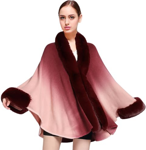 Shmily Girl Damen Poncho Cape Strick Damen Winter Kunstfell Stola Schal Cape Warm Umhang Faux Fur Kragen Strick Cardigan mit Kragen für Hochzeit Zeremonie Festlich