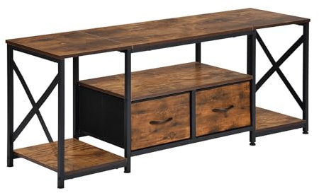 EGGREE TV-Schrank, Lowboard für 65 Zoll Fernseher, 140 x 40 x 54 cm, X-Shaped Support TV Bank 2 Vliesstoff Schubladen TV Lowboard für Wohnzimmer Unterschrank, Dunkelbraun-schwarz