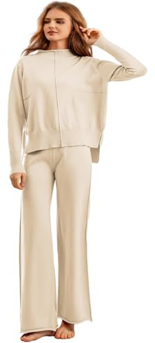 Veriliss Damen 2-Teilige Outfits Pullover Set Gestrickte Outfits Stehkragen Pullover Hosen Sweatsuit Loungewear Passende Trainingsanzüge