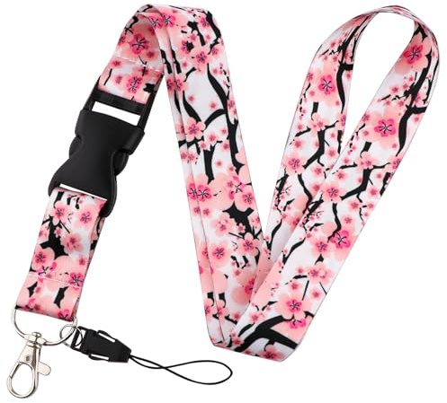 juanooo Schlüsselband mit niedlichem Kirschblüten-Abzeichen für Schlüssel und Ausweishalter, Blumen-Schlüsselband für Ausweise, für Frauen, Mädchen, Lehrer, Mitarbeiter, Breakaway-Umhängeband für