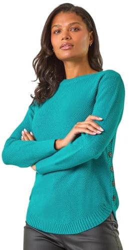 Roman Women Ribbed Jumper for Women UK Ladies Curved Hem Sweater Stitch Detail Pullover Chunky Knitwear Knit Winter Autumn Textured Oversized Soft Cosy Comfy - Plain Teal - Size 16