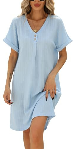 Famulily Women Summer Dress Solid SShort Sleeve Shirtdress Elegant Casual Beach Dresses V Neck A-line Sundress Button Tunic Shiftdress Sky Blue M