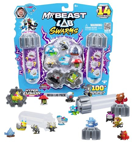 MRBEAST LAB Swarms Hyper Fusion-Serie, über 100 einzigartige Hyper Fusion Swarms zum Sammeln, Mega-Laborpackung mit 14 Mini-Monstern, 14 Sammelstickern & 4 Fusions-Kapseln für Dein eigenes