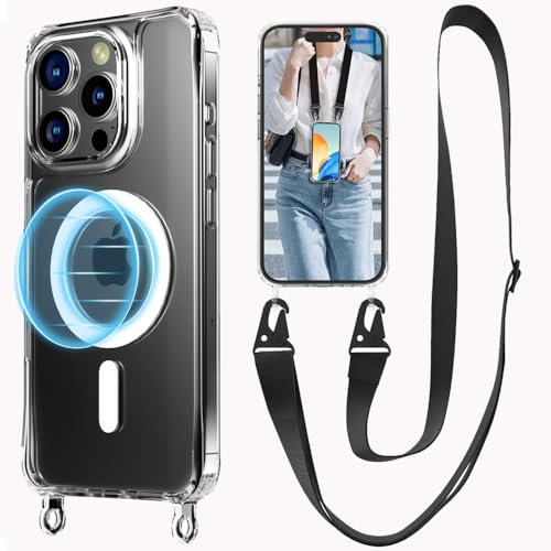 UnnFiko Handykette für iPhone 14 Pro Max MagSafe Hülle mit Band,Transparent Magnetische Handyhülle mit Verstellbarer Kette zum Umhängen,Schwarz