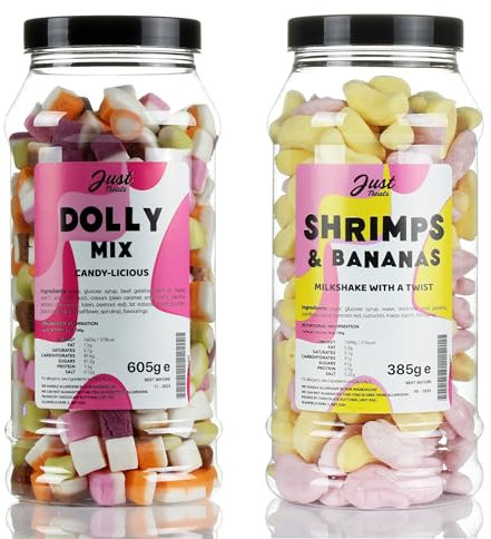 Just Treats Shrimps & Bananas and Dolly Mixtures - Sweet Gift Jars of A Playful Pair of Fruity and Foamy Sweets. - 27,8