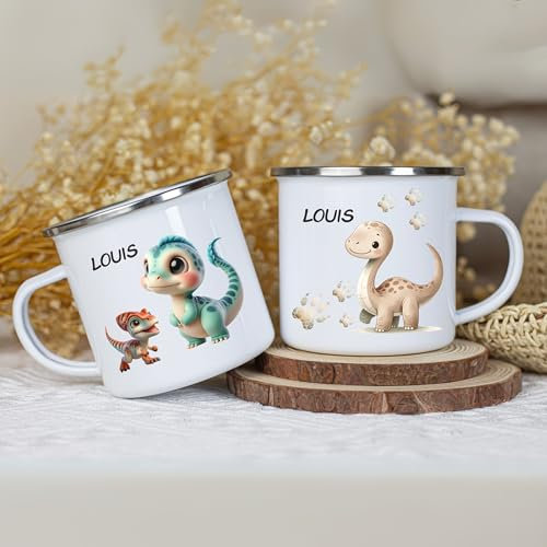 wolga-kreativ Emaille Tasse Dino personalisiert mit Namen - Robuste Kinder Tassen, BPA-frei, Spülmaschinenfest Kinder Becher - Personalisierte Geschenke Baby Zur Taufe, Geburt, Weihnachten