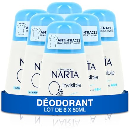 Narta Deodorant für Damen, Roll, unsichtbar, 48 Stunden Wirksamkeit, ohne Alkohol, hypoallergen, 6 x 50 ml